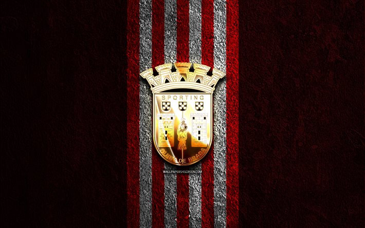 logotipo dorado sc braga, 4k, fondo de piedra roja, primera liga, club de fútbol portugués, escudo sc braga, fútbol, liga portugal, sc braga, fc braga