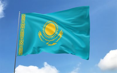 Kazakhstan flag on flagpole, 4K, Asian countries, blue sky, flag of Kazakhstan, wavy satin flags, Kazakh flag, Kazakh national symbols, flagpole with flags, Day of Kazakhstan, Asia, Kazakhstan flag, Kazakhstan