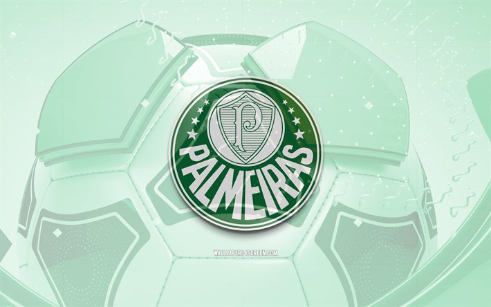 Palmeiras glossy logo, 4K, green football background, Brazilian Serie A, soccer, brazilian football club, Palmeiras 3D logo, Palmeiras emblem, Palmeiras FC, football, sports logo, Palmeiras logo, SE Palmeiras