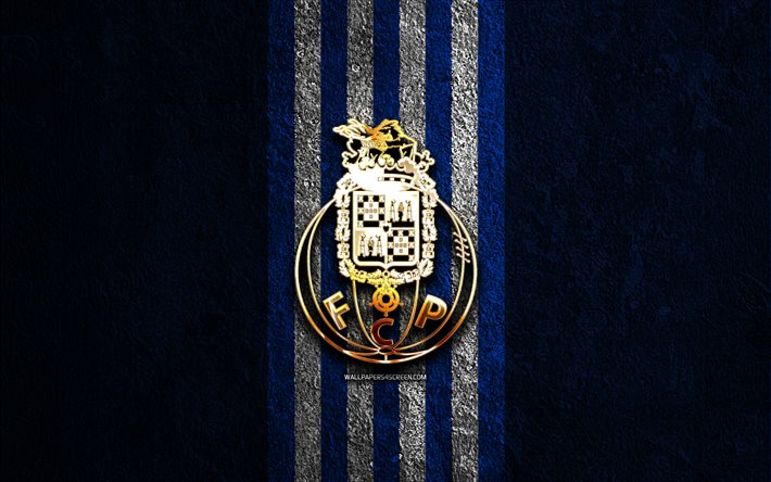 goldenes logo des fc porto, 4k, hintergrund aus blauem stein, primeira liga, portugalischer fußballverein, fc porto logo, fußball, fc porto emblem, liga portugal, fc porto