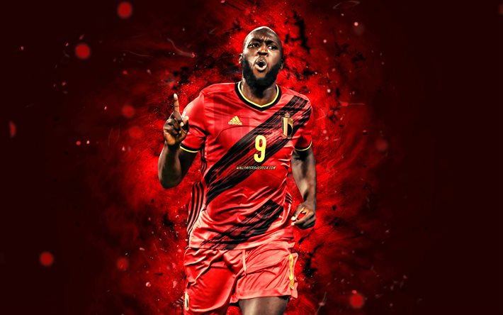 Romelu Lukaku, 4k, red neon lights, Belgium National Team, soccer, footballers, red abstract background, Belgian football team, Romelu Lukaku 4K