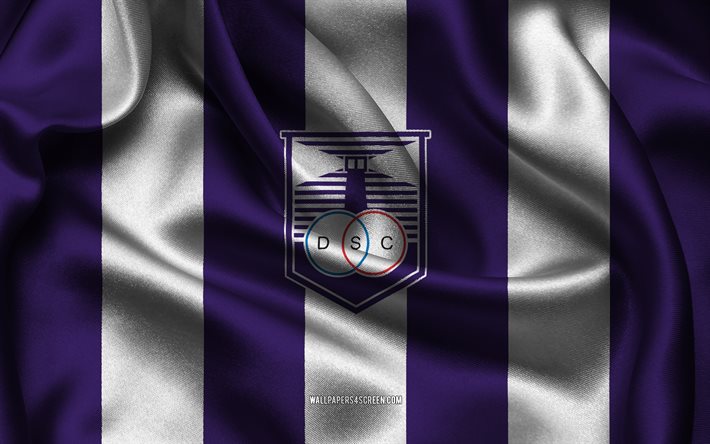 4k, ディフェンサー スポーティング クラブのロゴ, 紫白の絹織物, ウルグアイのサッカー チーム, ディフェンサー スポーティング クラブのエンブレム, ウルグアイ・プリメーラ・ディビジョン, ディフェンサー スポーティング クラブ, ウルグアイ, フットボール, ディフェンサー スポーティング クラブの旗