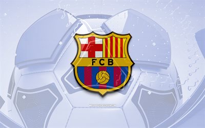 glänzendes logo des fc barcelona, 4k, blauer fußballhintergrund, liga, fußball, spanischer fußballverein, 3d logo des fc barcelona, fc barcelona emblem, fc barcelona, sport logo, fc barcelona logo