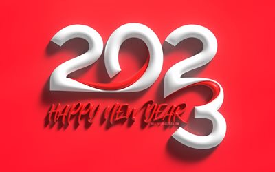2023 Happy New Year, 3D digits, minimalism, 2023 concepts, 2023 3D digits, Happy New Year 2023, creative, 2023 white digits, 2023 red background, 2023 year