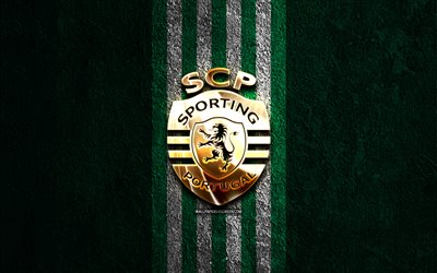 Sporting CP golden logo, 4k, green stone background, Primeira Liga, Portugalese football club, Sporting CP logo, soccer, Sporting CP emblem, Liga Portugal, Sporting CP, football, Sporting FC