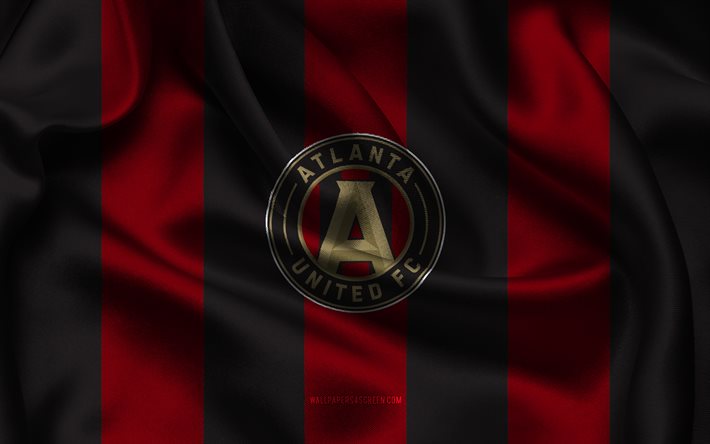 4k, شعار atlanta united fc, نسيج الحرير الأحمر والأسود, فريق كرة القدم الأمريكي, شعار نادي أتلانتا يونايتد, mls, اتلانتا يونايتد, الولايات المتحدة الأمريكية, كرة القدم, علم أتلانتا يونايتد لكرة القدم