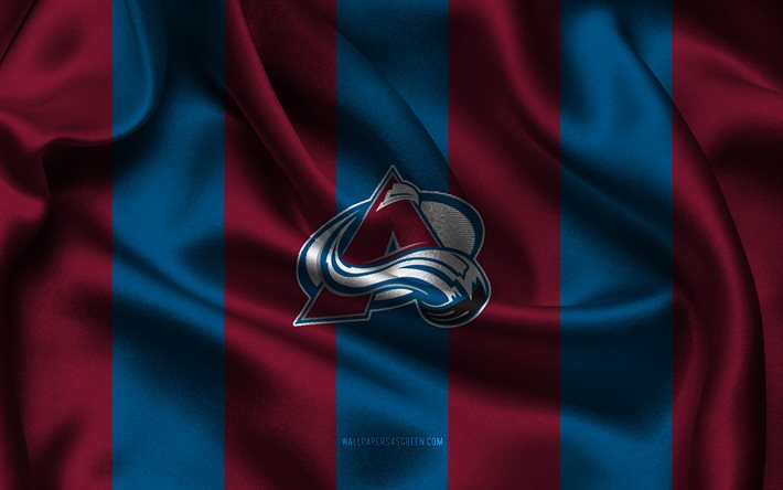 4k, logo avalanche du colorado, tissu de soie bordeaux bleu, équipe de hockey américaine, emblème de l'avalanche du colorado, dans la lnh, avalanche du colorado, etats unis, le hockey, drapeau de l'avalanche du colorado