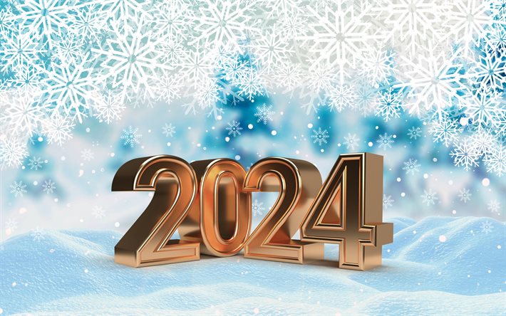 2024 Happy New Year, winter background, snow, 2024 winter background, Happy New Year 2024, 2024 greeting card