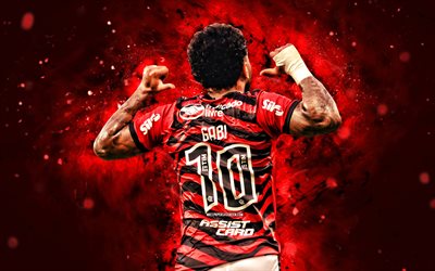 Gabriel Barbosa, 4k, back view, Flamengo FC, red neon lights, Gabigol, brazilian footballers, Gabriel Barbosa 4K, Serie A, football, Gabriel Barbosa Flamengo