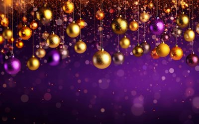4k, bolas de natal dourado, feliz ano novo, decorações de natal, feliz natal, bolas nos cabides, quadros de natal