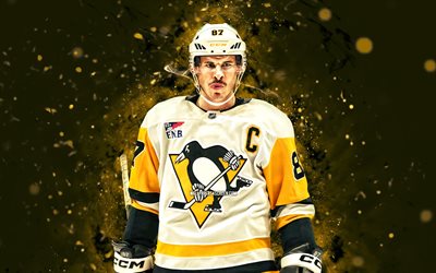 Evgeni Malkin, 4k, yellow neon lights, Pittsburgh Penguins, NHL, Russian hockey players, Evgeni Malkin 4K, hockey, National Hockey League, Evgeni Malkin Pittsburgh Penguins