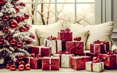 julklappar, julgran, röda gåvor, röda sidenbågar, god jul, julmorgon
