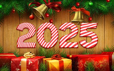 4k, 2025 bonne année, 2025 inscription, cloches de noël, chiffres 3d, 2025 candy digits, coffres cadeaux, 2025 ans, œuvres d'art, 2025 concepts, 2025 chiffres 3d, bonne année 2025, créatif, 2025 contexte en bois