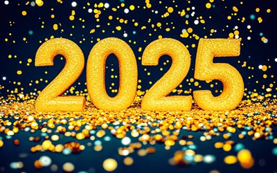 Happy New Year 2025, blue background, yellow 2025 concepts, 2025 3d, 2025 greeting card, 2025 Happy New Year