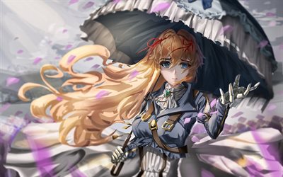 Violet Evergarden, 4k, protagonist, umbrella, crying girl, Vaioretto Evagaden, anime characters, manga, Violet Evergarden characters