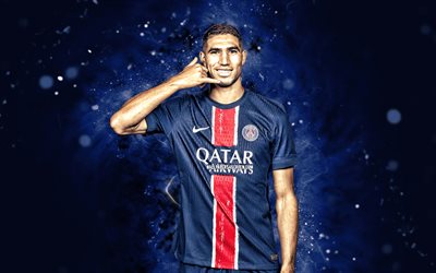 Achraf Hakimi, 4k, blue neon lights, Paris Saint-Germain, Ligue 1, Moroccan footballers, Achraf Hakimi 4K, football, soccer, PSG, Achraf Hakimi PSG