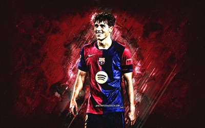 Pau Cubarsi, FC Barcelona, Spanish football player, grunge art, La Liga, Catatlanya, burgundy stone background, Spain, football