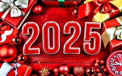 2025 bonne année, 4k, 2025 inscription, chiffres 3d rouges, 2025 background rouge, 2025 concepts, coffres cadeaux, 2025 chiffres rouges, décorations de noël, bonne année 2025, créatif, 2025 ans