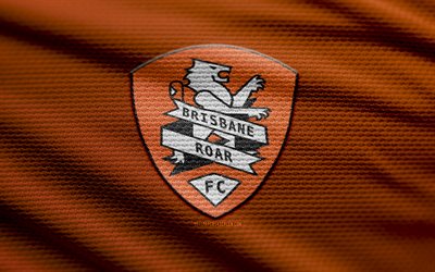 logo brisbane roar fabric, 4k, sfondo in tessuto arancione, a league, bokeh, calcio, logo di brisbane roar, emblema di brisbane roar, brisbane roar fc, club di calcio australiano, brisbane roar
