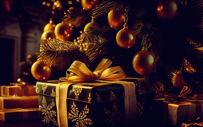 god jul, kväll, golden christmas balls, julbakgrund, julgran, gyllene sidenbåge, julklappar