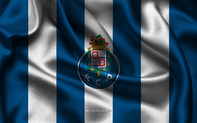 4k, fc porto logo, blau weißer seidenstoff, portugiesisches fußballmannschaft, fc porto emblem, primeeira liga, fc porto, portugal, fußball, fc porto flag