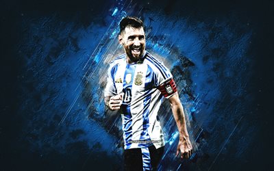 lionel messi, equipo de fútbol nacional de argentina, jugador de fútbol argentino, fondo de piedra azul, argentina, arte grune, fútbol americano
