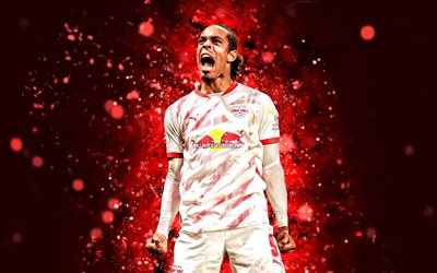 Yussuf Poulsen, 4k, red neon lights, RB Leipzig, Bundesliga, Danish footballers, Yussuf Poulsen 4K, football soccer, RB Leipzig FC, RasenBallsport Leipzig, Yussuf Poulsen RB Leipzig