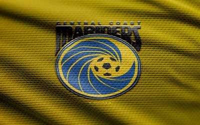 logo del tessuto della costa centrale mariners, 4k, sfondo in tessuto giallo, a league, bokeh, calcio, logo della central coast mariners, central coast mariners fc, club di calcio australiano, central coast mariners