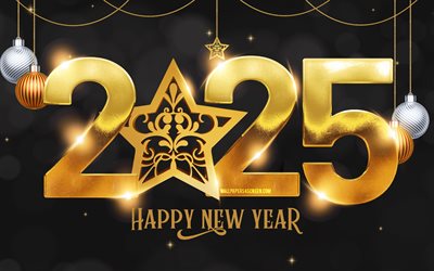 2025 gott nytt år, 4k, gyllene 3d  siffror, 2025 inskription, 2025 svart bakgrund, 2025 koncept, golden xmas balls, 2025 gyllene siffror, juldekorationer, gott nytt år 2025, kreativ, 2025 år, god jul