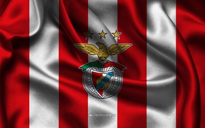 4k, sl benfica logo, rot weiß seidenstoff, portugiesisches fußballmannschaft, sl benfica emblem, primeeira liga, sl benfica, portugal, fußball, sl benfica flagge