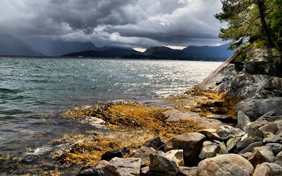 lago, nuvens de tempestade, água, montanhas, noruega, hardangerfjord