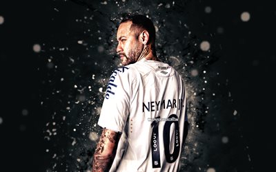 neymar, 4k, luci al neon bianca, santos fc, serie brasiliana a, calciatori brasiliani, neymar 4k, calcio, neymar jr, sfc, neymar santos fc