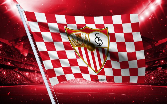 4k, sevilla fc logosu, ispanyol futbol kulübü, stadyum bayrağı, sevilla fc hayranları bayrağı, kırmızı beyaz bayrak, sevilla fc amblemi, la liga, ispanya, futbol, sevilla fc