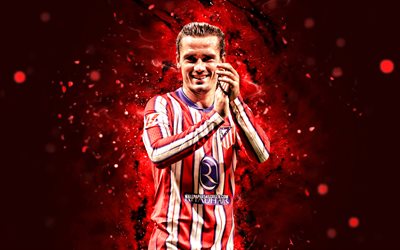 4k, Antoine Griezmann, goal, Atletico Madrid FC, red neon lights, La Liga, french footballers, Antoine Griezmann 4K, football, soccer, LaLiga, Antoine Griezmann Atletico Madrid