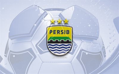 PERSIB Bandung glossy logo, 4K, blue football background, Liga 1 Indonesia, soccer, Indonesian football club, PERSIB Bandung emblem, PERSIB Bandung, football, sports logo, PERSIB Bandung logo, PERSIB Bandung FC