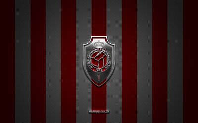 Royal Antwerp FC logo, Belgian football team, Belgian Pro League, red white carbon background, Royal Antwerp FC emblem, football, Royal Antwerp FC, Belgium, FC Antwerp