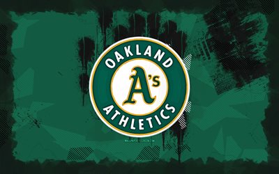 oakland atletizm grunge logosu, 4k, mlb, yeşil grunge arka planı, beyzbol, oakland atletizm amblemi, oakland atletizm logosu, amerikan beyzbol takımı, oakland atletizm