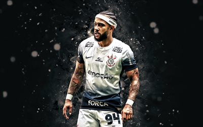 4k, memphis depay, sfondo astratto nero, corinzi fc, serie brasiliana a, calciatori olandesi, memphis depay 4k, calcio, corinzi, luci al neon bianca, sc corinthians paulista, memphis depay corinthians