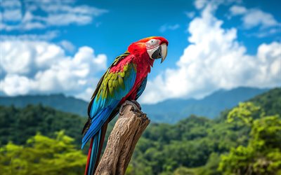 4k, scharlachrote dar, blauer himmel, bokeh, roter papagei, ara macao, bunte vögel, papageien, ara, reda