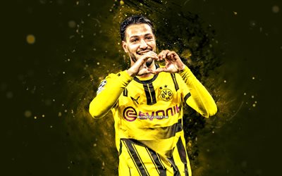 Ramy Bensebaini, 4k, yellow neon lights, Borussia Dortmund, Bundesliga, Algerian footballers, Ramy Bensebaini 4K, football, soccer, BVB, BV Borussia 09 Dortmund, Ramy Bensebaini BVB