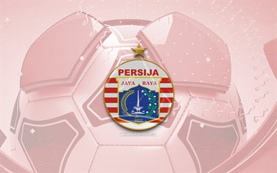 Persija Jakarta glossy logo, 4K, red football background, Liga 1 Indonesia, soccer, Indonesian football club, Persija Jakarta emblem, Persija Jakarta, football, sports logo, Persija Jakarta logo, Persija Jakarta FC