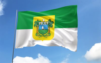 Rio Grande do Norte flag on flagpole, 4K, Brazilian states, blue sky, flag of Rio Grande do Norte, wavy satin flags, Rio Grande do Norte flag, states of Brazil, flagpole with flags, Day of Rio Grande do Norte, Brazil, Rio Grande do Norte