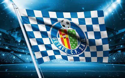 4k, logo getafe cf, club de football espagnol, drapeau du stade, getafe cf fans flag, drapeau blanc bleu, getafe cf emblem, la liga, espagne, getafe cf, football, getafe fc