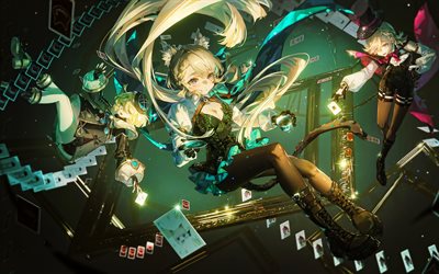 리니, 4k, lynette, 카드 놀이, 겐신 충격, 애니메이션 캐릭터, 작품, genshin 충격 캐릭터, lyney genshin 충격, lynette genshin 충격