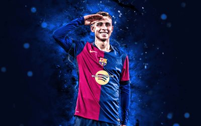 Fermin Lopez, 4k, blue neon lights, FC Barcelona, La Liga, spanish footballers, Fermin Lopez 4K, football, soccer, Barcelona FC, LaLiga, FCB, Fermin Lopez Barcelona