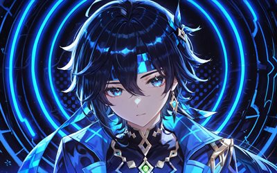 4k, kínich, anillos de neón azules, impacto de genshin, fondo abstracto azul, personajes de anime, personajes de impacto de genshin, impacto de kinich genshin