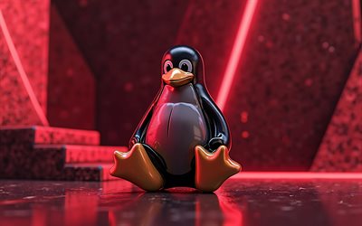 logotipo 3d de linux, fondo rojo, pingüino linux, logotipo de linux, emblema de linux, signo de linux, linux