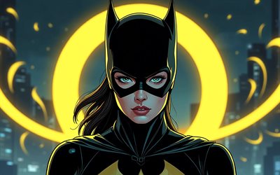 batgirl, 4k, gelbe neonringe, dunkelheit, marvel comics, superhelden, batgirl 3d, kunstwerk, porträt, batgirl kunst, fan kunst, batgirl 4k
