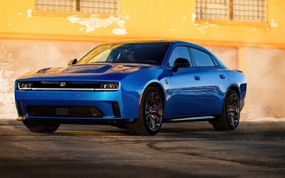 2026, dodge charger, daytona scat pack, blaue limousine, vorderansicht, außen, blauer dodge charger, neuer dodge charger 2026, amerikanische autos, ausweichen