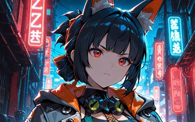 4k, Hoshimi Miyabi, night, colorful neon signs, Zenless Zone Zero, street, manga, Zenless Zone Zero charcaters, Icon Frost Frost, Icon Anomaly Anomaly, Hoshimi Miyabi Zenless Zone Zero